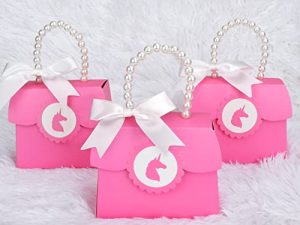 Cute Leaf 12 Pack Unicorn Party Favor Bags with Pearl Handles and White Ribbon Bows