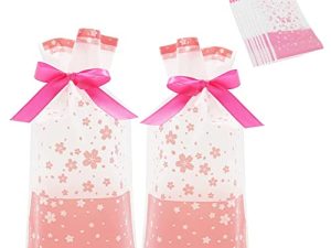 KUPOO 50Pcs Candy Cookies Plastic Drawstring Gift Bags 6X9 Inch Pink Cherry Blossom Treat Bags for Birthday Party Wedding Festival Gift Wrapper (Pink Cherry Blossom)