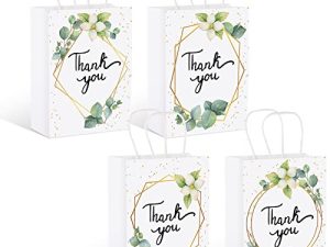 Greenery Eucalyptus Small Thank You Bags Floral Design Paper Gift Bags with Handles Baby Shower Favor Bags Thank You Wedding Bags White Kraft Paper Bags for Birthday Party