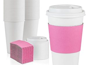 [50 Pack] White Coffee Cups with Dome Lids and Pink Sleeves - 12 oz Disposable Paper Cups - To Go Cup for Hot Chocolate