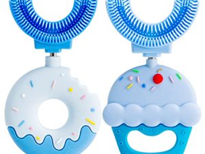 QiqaMole Toddler Toothbrush U-Shaped Kids Toothbrush Baby Soft Silicone Toothbrush Manual Training Toothbrush Infant 360° Oral Teeth Cleaning Design for Kids 2-7 Years Old (Blue)