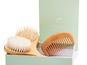 Ullabelle 3 Piece Wooden Baby Hair Brush and Comb Set for Newborns & Toddlers in Chic Gift Box - Ultra Soft Natural Goat Hair and Wood Baby Brush Set Prevents Cradle Cap - Perfect Registry Gift (Sage)