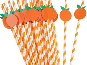 100 Pcs Orange Paper Straws Little Cutie Baby Shower Straws Orange Fruit Straws Disposable Drinking Paper Straws for Baby Shower Decorations Birthday Party Supplies