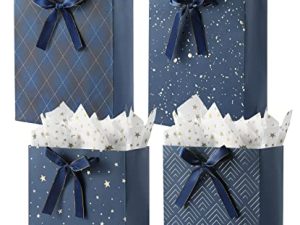 KomoLeay 4 Pack 13" Large Size Gift Bags Assorted Premium Blue Gift Bags with Tissue Paper Use for Birthdays