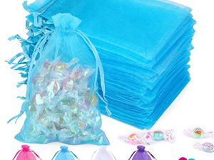 Angooni 100PCS Blue Sheer Organza Bags Gift Drawstring Pouch for Jewelry Party Wedding Favor Party Festival Candy Bags (4x6" )