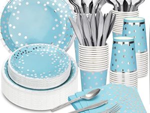 140 PCS Blue and Silver Party Supplies Disposable Party Dinnerware - Blue Paper Plates Napkins Cups