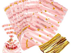 JOERSH 100 Pack 8.1" x 5" Bottom Gusset Clear Cellophane Treat Bags with Ties for Cookies Candy Popcorn Birthday Party Favor Bags Gift Giving