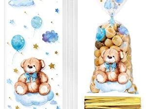 Maitys 100 Pieces Teddy Bear Treats Cellophane Bags Party Treats Bags Plastic Goodie Candy Bags with 100 Gold Twist Ties Gift Bags for Boys Favor(Sweet Style)