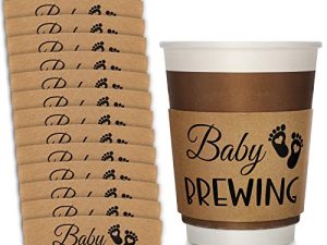 Newtay 50 Counts Baby Is Brewing Coffee Sleeves Baby Shower Coffee Cups Sleeves Disposable Printed Coffee Cup Sleeves Baby Shower Decorations for Hot Cold Drink 12 16 or 20 oz Paper Coffee Cup