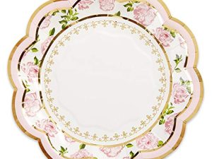 Kate Aspen Vintage Floral Tea Party 7 inch Pink (Set of 16) Premium Decorative Paper Plates - Perfect for Weddings