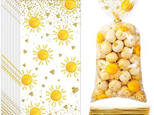 Pajean 100 Pcs Boho Candy Bags Groovy Hippie Boho Treat Bags Boho Sun Party Favor Supplies Bag with 100 Pieces Golden Twist Ties for Birthday Wedding Baby Shower Groovy Retro Hippie Party Supplies