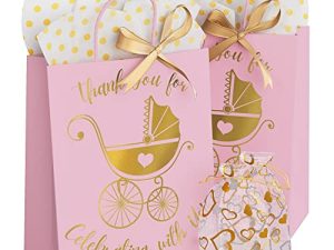 25 Pack Baby Shower Gifts Bag with Tissue Paper and Ribbons - Gold Baby Shower Gifts Bags for Girls - Baby Gift Bags for Baby Shower