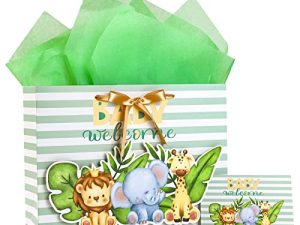 Loveinside Unisex Baby Gift Bag Yellow and Green Animal Design with Tissue Paper and Greeting Card for Baby Shower
