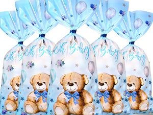 Pajean 100 Pack Bear Baby Shower Treat Bags Blue Teddy Cellophane Candy Plastic Goodie Gift with Pcs Metallic Twist Ties for Gender Reveal Birthday Party Favors