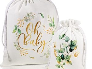 2 Pack Baby Shower Bags Boho Gift Bags Drawstring Greenery Fabric Floral Bags Canvas Gift Bags 20 Inch Large 12 Inch Small Reusable Gift Wrap Bags for Baby Shower Gender Reveal Birthday Party Favors