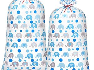 2 Pcs 70 Inches Jumbo Gift Bag Baby Shower Bags Large Oversized Plastic Gift Bags Large Gift Bag Extra Large Baby Shower Bags with Ropes for Parents Party Baby Shower Favors (Blue Elephant Polka Dot)