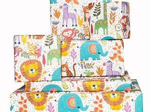 CENTRAL 23 Kids Birthday Wrapping Paper for Boys (x6) Sheets - For Girls - New Baby Birthday Gift Wrap - Safari Animals - Dinosaur Wrapper Paper - Recyclable - Kids Gift Wrap
