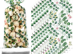 Outus Eucalyptus Party Cellophane Treat Bag Candy Bags for Baby Shower Wedding Bridal Shower Supplies Favors Decorations Birthday Theme Greenery Floral Graduation Decor(100 Pieces)