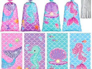 Hotop 100 PCS Mermaid Cellophane Bags Mermaid Gift Treat Bags Mermaid Goodie Candy Bags 150 Ties Mermaid Party Favor Bags Birthday Party Decorations Supplies Mermaid Theme Baby Shower Party Serves